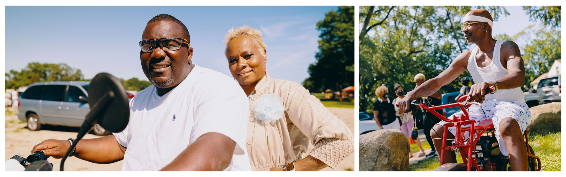 Couple on a 4x4 and man sitting on a motor bike